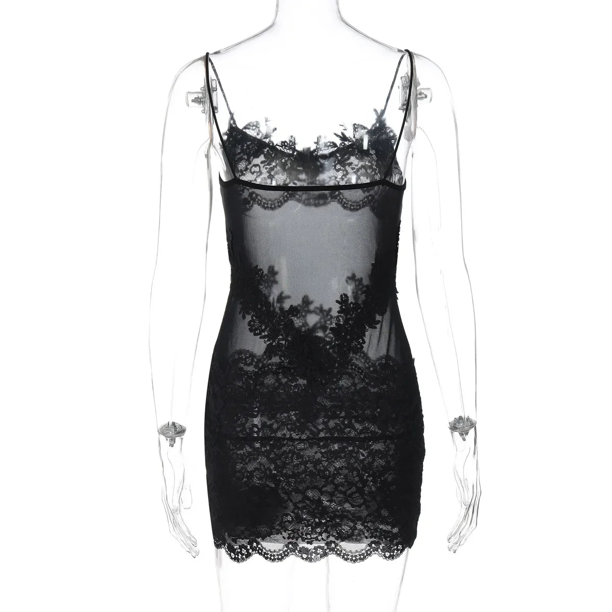 Verbena Sheer Lace Appliqué Mesh Cami Bodycon Mini Dress