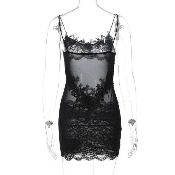 Verbena Sheer Lace Appliqué Mesh Cami Bodycon Mini Dress