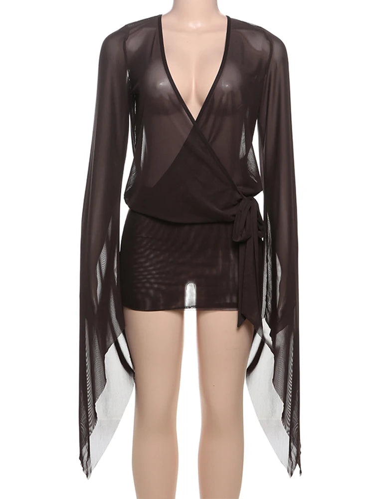 Ilvana Sheer Mesh Plunge Wrap Bell-Sleeve Backless Mini Dress