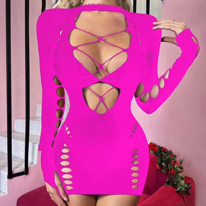 Veronique Long-Sleeve Lace-Up Cutout Fishnet Bodycon Lingerie Mini Dress