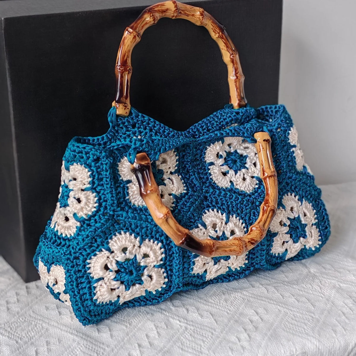 Wilhelmina Handmade Crochet Granny Square Tote Bag with Bamboo Handle Main image
