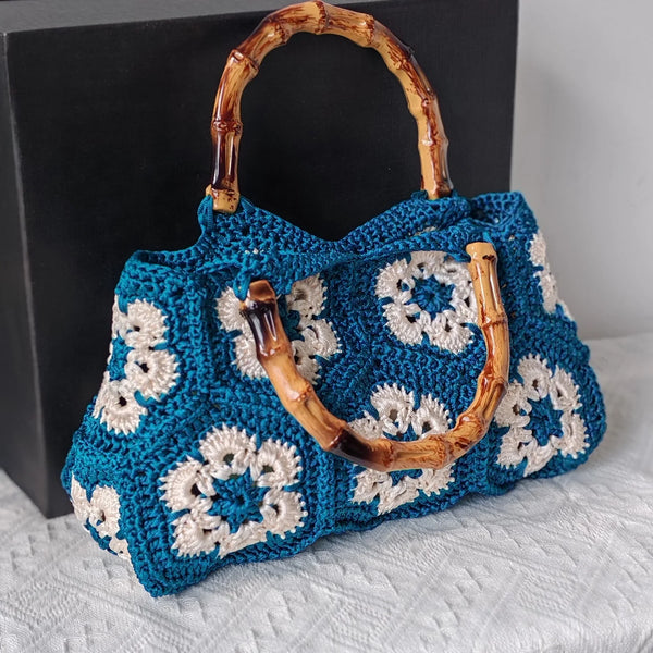 Wilhelmina Handmade Crochet Granny Square Tote Bag with Bamboo Handle