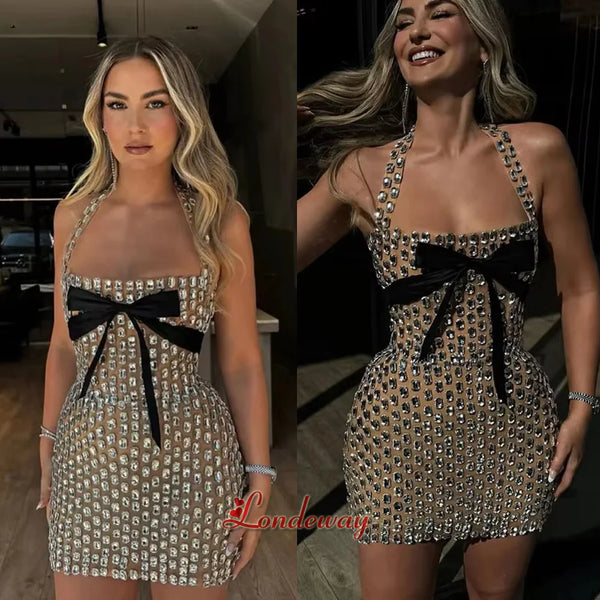 Brigitta Crystal Rhinestone Bow Halter Bodycon Mini Dress
