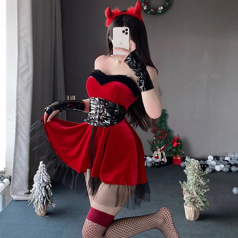 Lucinda Red Velvet Devil Costume Set with Cape, Corset Belt & Horns