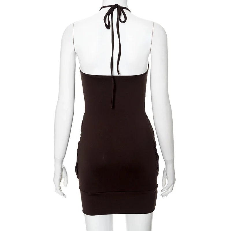 Fallon Brown Ruched Halter Bodycon Mini Dress