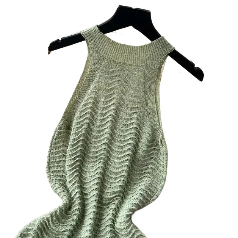 Green See-thorough Halter Neck Mini Dress Women's Sleeveless Wavy Textured Sundress Stretchy Knit Bodycon Summer Party Dress