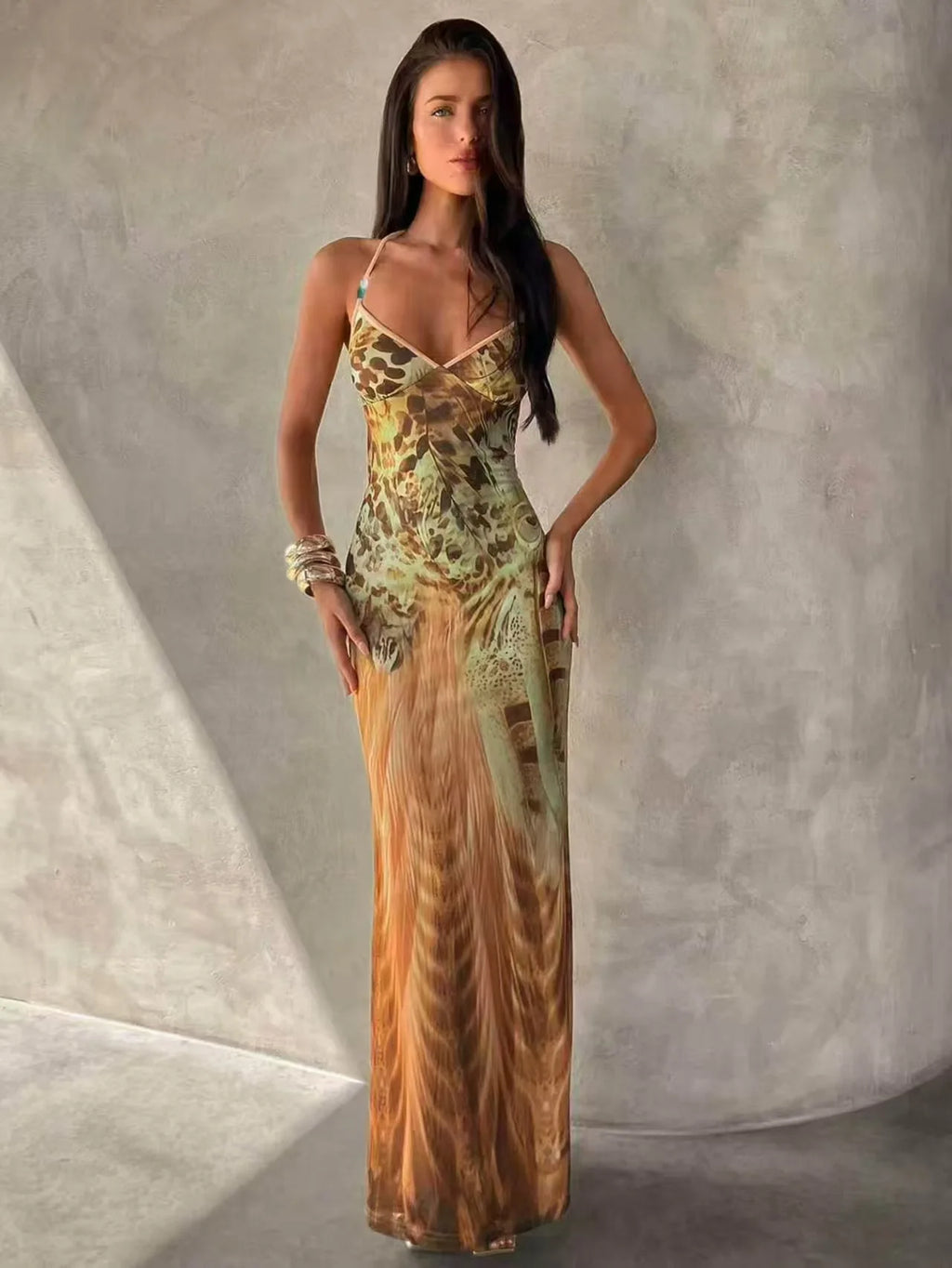 Rosamond Abstract Print V-Neck Cami Bodycon Maxi Dress
