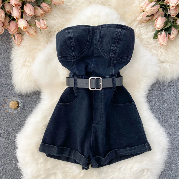 Petra High-Waist Denim Shorts Jumpsuit One-piece