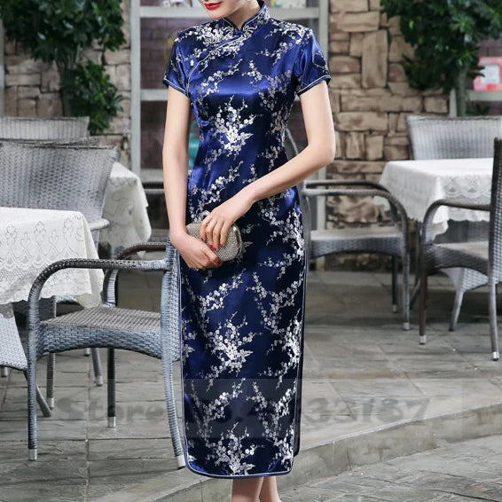 Feng Dragon-and-Phoenix Satin Qipao Maxi Dress