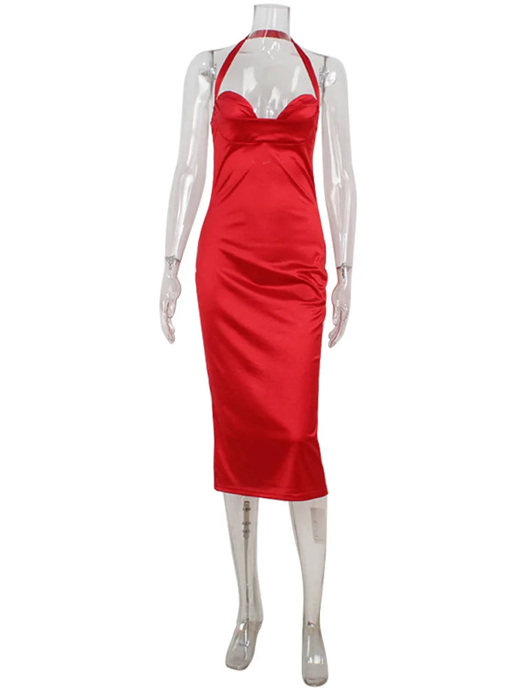 Roxana Red Halter Backless Midi Dress