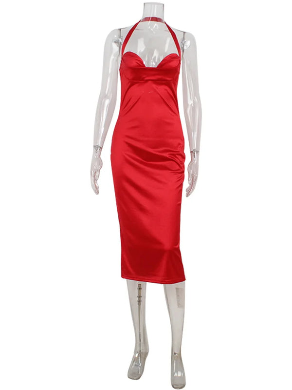 Roxana Red Halter Backless Midi Dress
