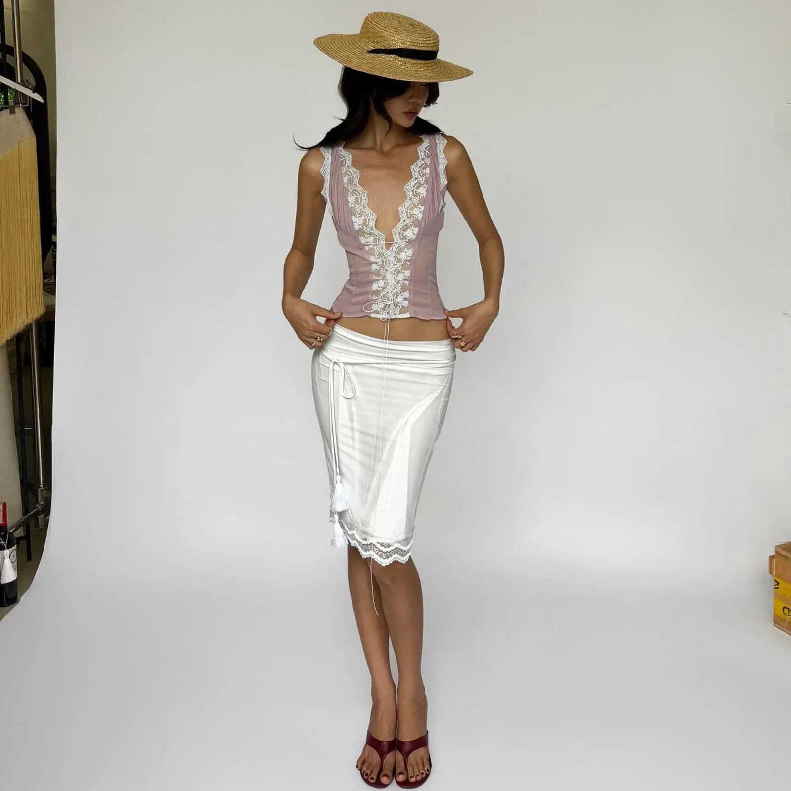 Celine Lace-Trim Deep-V Midi Skirt Set Two-piece