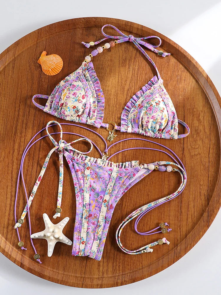 ZRTAK Sexy Swimwear Women Bikini String Swimming Suit For Women Bathing Suit Micro Folds Hight Cut Lace Halter Bikinis Set