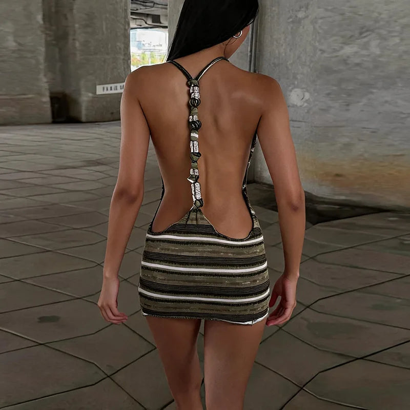 Junia Striped Slinky Backless Mini Dress
