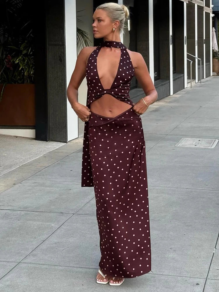 Wilhelmina Polka Dot Printed Halter Maxi Skirt Set Three-piece