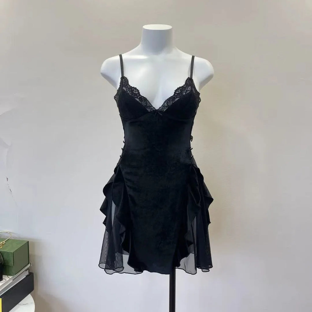Noelle Lace-Trim Velvet Ruffle Backless Mini Nightgown