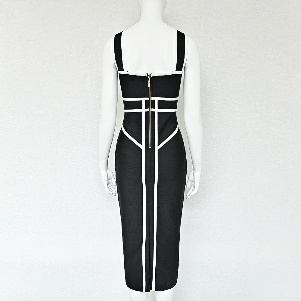 BEAUKEY Classic White And Black Stripes Bandage Long Evening Dress Luxury Contrast Vintage Woman Bodycon Elastic Dress Slim Midi