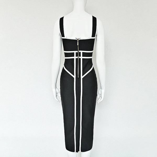 BEAUKEY Classic White And Black Stripes Bandage Long Evening Dress Luxury Contrast Vintage Woman Bodycon Elastic Dress Slim Midi