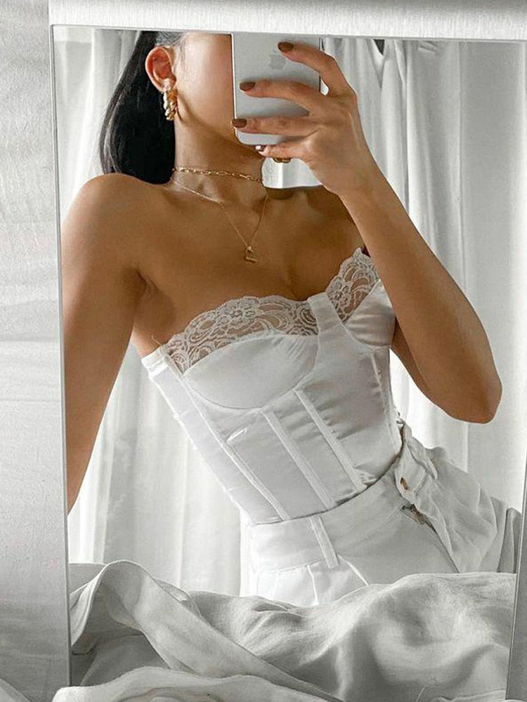Viifaa Lace Trim White Satin Strapless Sexy Corset Crop Top Women Zipper Back Tight Bustier Clubwear Party Female Slim Tops Main image