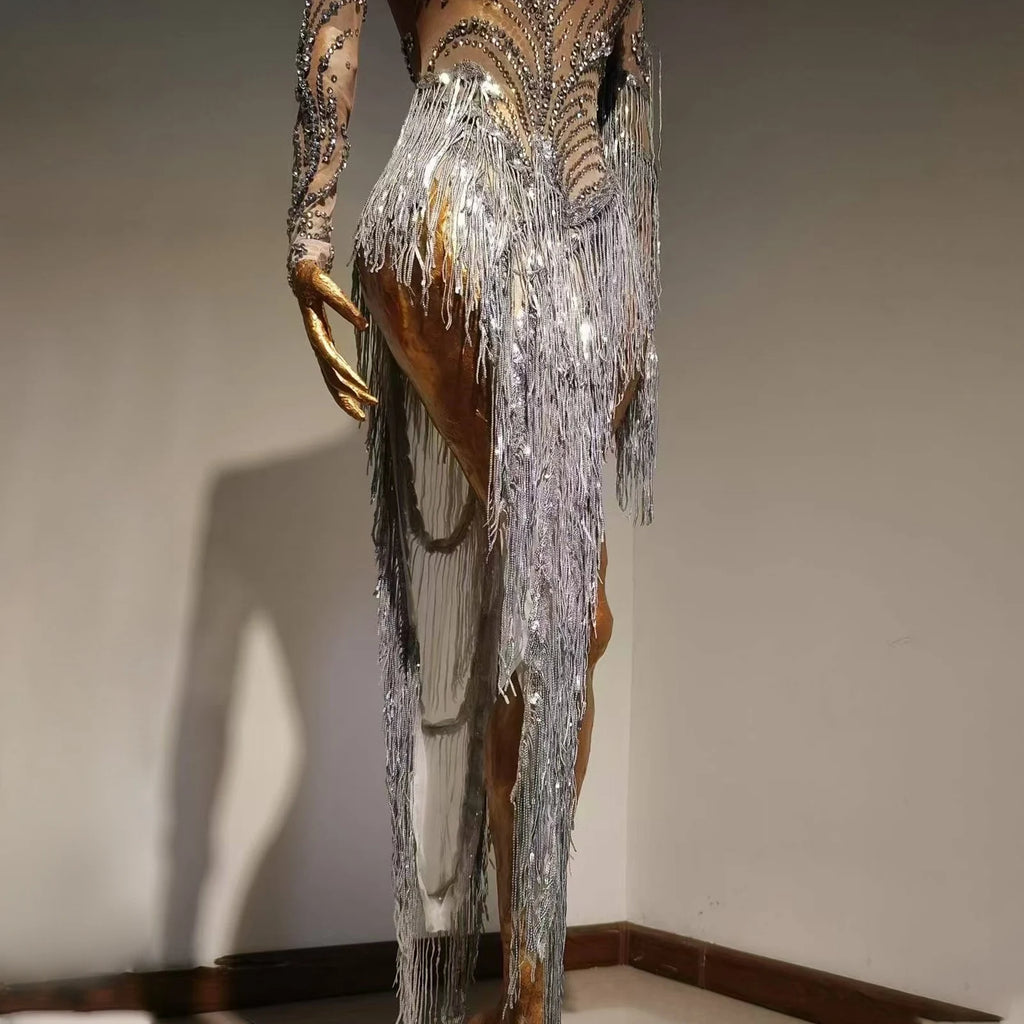 Aria Crystal Fringe Illusion maxi dress One-piece