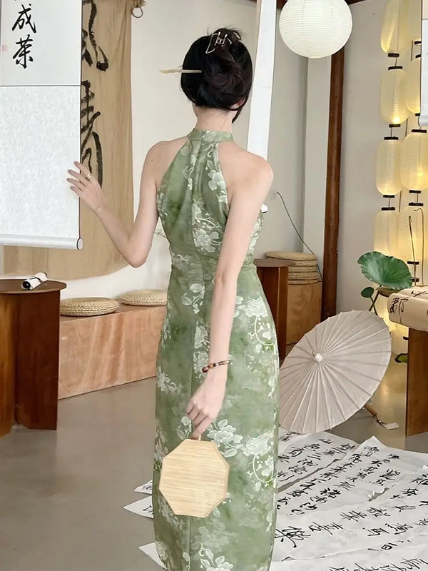 Qing Green Halter Modern Qipao Maxi Dress