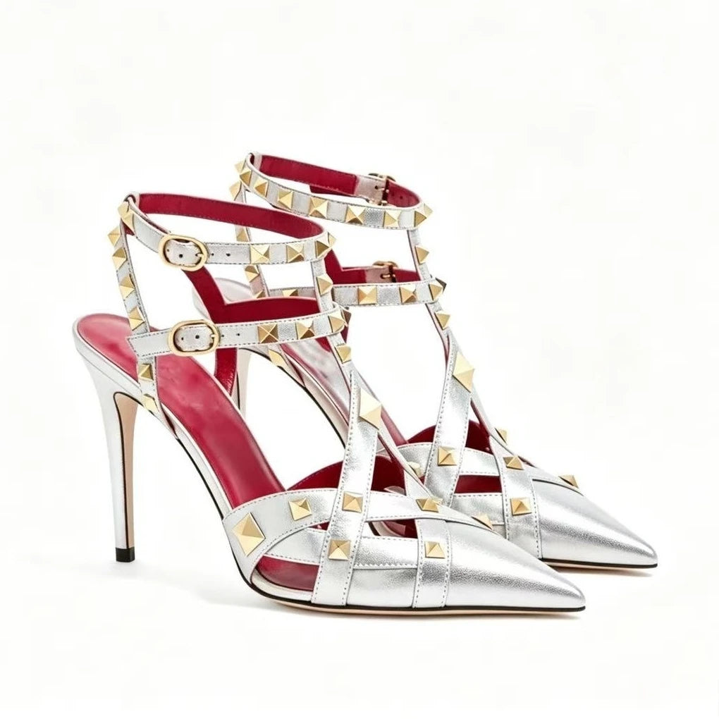 European and American Sexy Studded Pointed Fashion Stage Runway Shoes with French Style Toe Closure Buckle Strap Women's Sandals