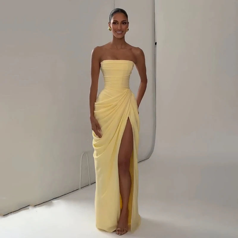 Marisol Strapless Pleated Split Maxi Dress