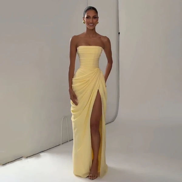 Marisol Strapless Pleated Split Maxi Dress