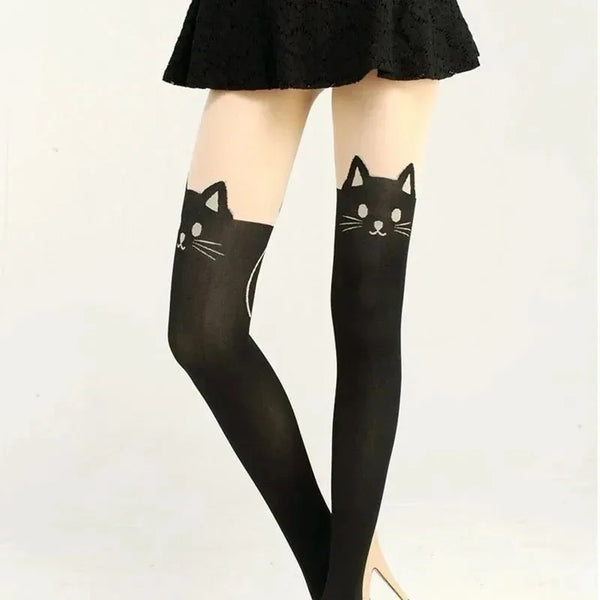 Minka Cat-Print Thigh-High Socks