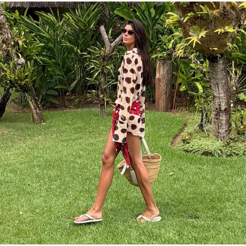 Fashion Printed Detachable Scarf Shirt Dress Women Flare Sleeve Single Breasted Mini Dresses 2026 Summer New Lady Vacation Wear