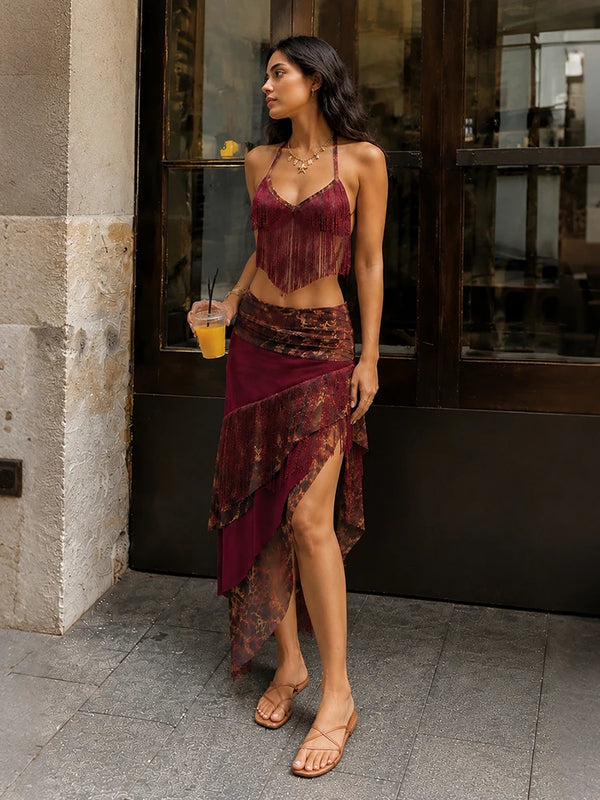 Zelda Asymmetrical Fringe Halter Maxi Skirt Set Two-piece
