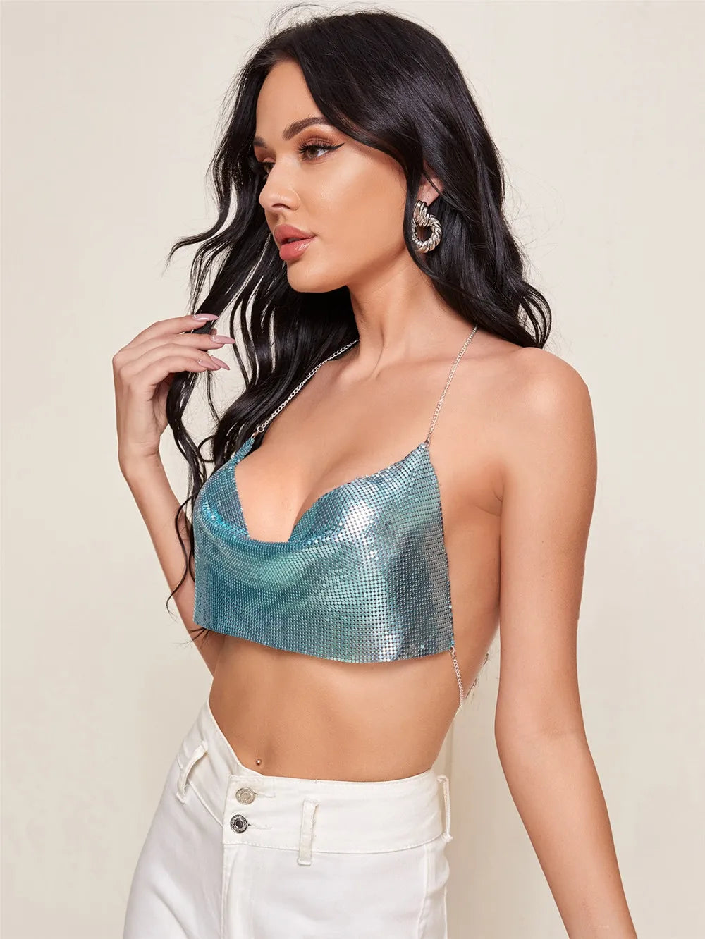 Electra Metallic Sequin Halter Backless Crop Top One-piece