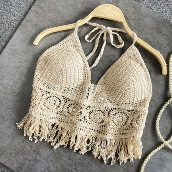 Soleil Crochet Tassel Halter Beach Crop Top One-piece