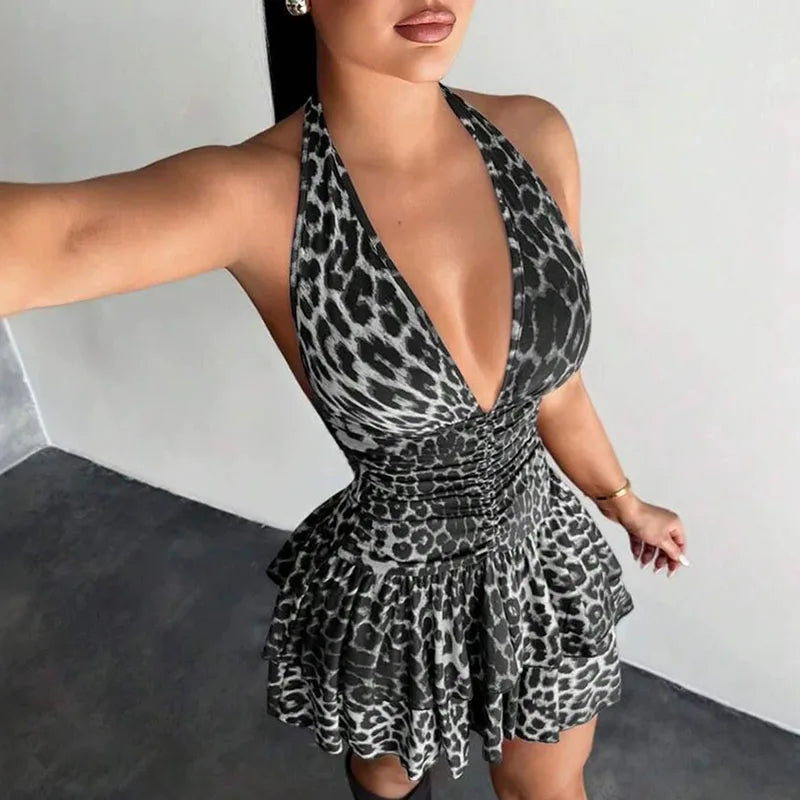 Yesenia Leopard Halter Plunge Ruffle Mini Dress