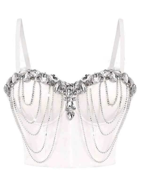 Sexy black white chain rhinestone corset crop top women summer club party halter tank top streetwear bustier cropped tube tops