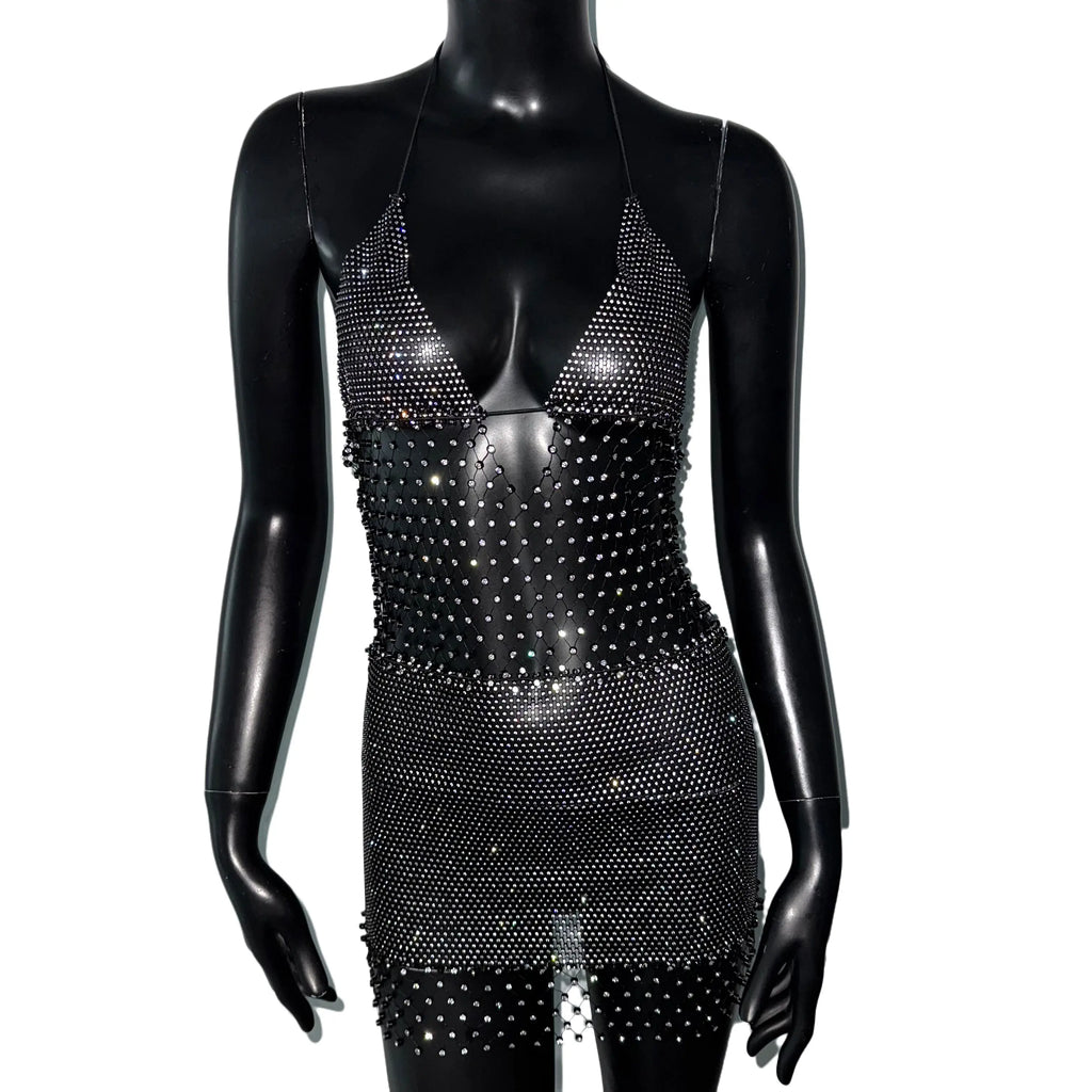 Rosalie Deep-V Rhinestone Mesh Mini Dress