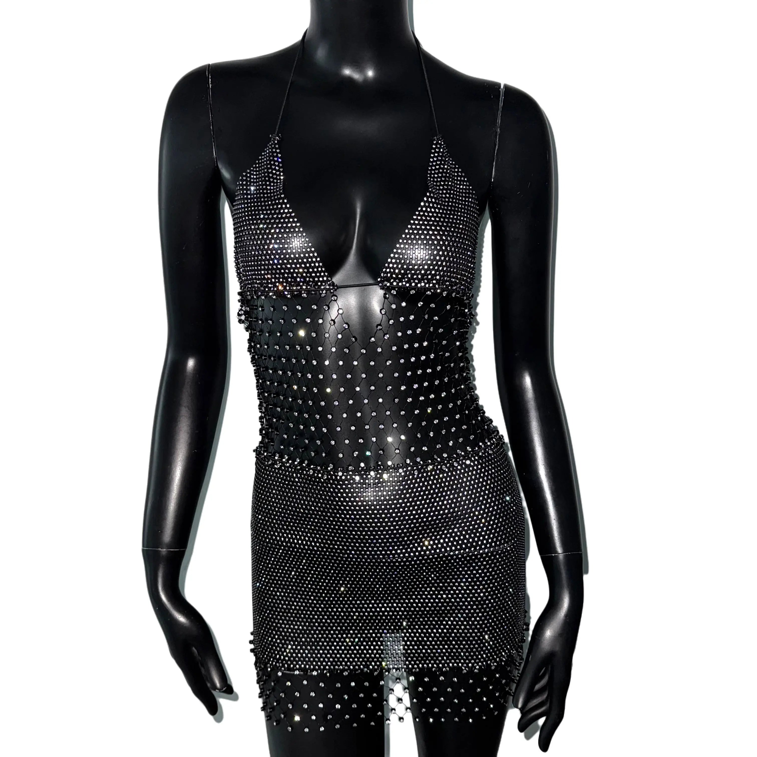 Rosalie Deep-V Rhinestone Mesh Mini Dress