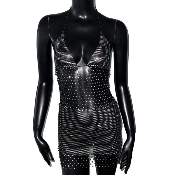 Rosalie Deep-V Rhinestone Mesh Mini Dress