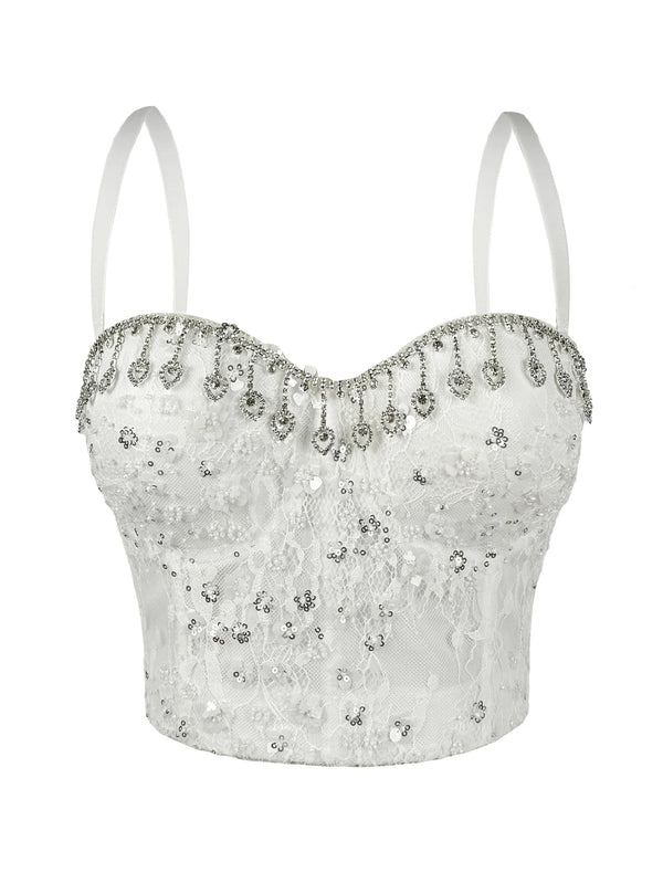 Sexy white rhinestone corset crop top women summer club party tops for woman clothing halter tank top cropped hotwife streetwear