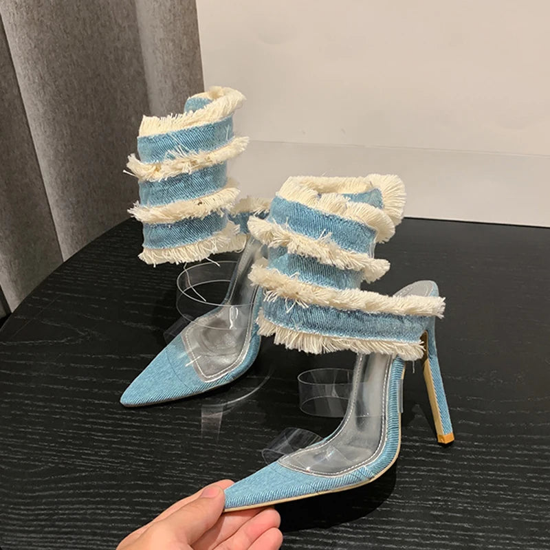 Liyke 2025 New Design Denim Ankle Snake Surround Strap Sandal Women Transparent PVC Summer High Heels Party Stripper Shoes Pumps