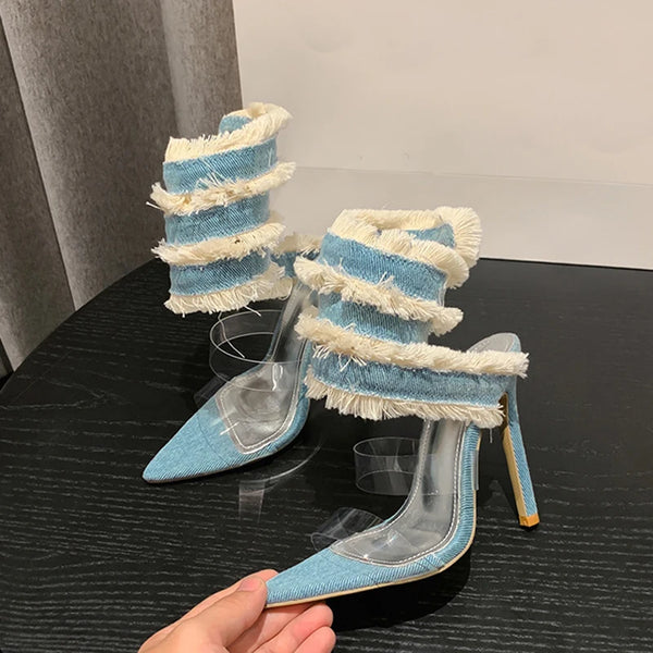 Liyke 2025 New Design Denim Ankle Snake Surround Strap Sandal Women Transparent PVC Summer High Heels Party Stripper Shoes Pumps