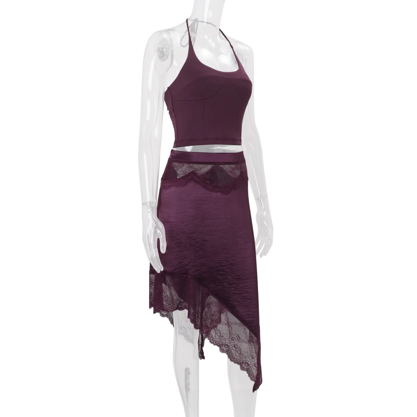 Violetta Lace Satin Asymmetrical Midi Skirt Set Two-piece