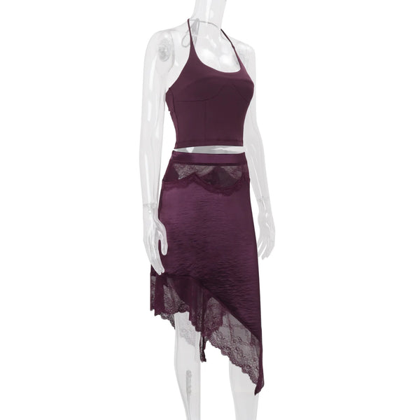 Violetta Lace Satin Asymmetrical Midi Skirt Set Two-piece