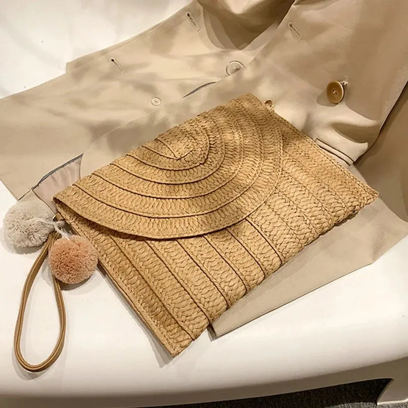 Soleil Woven Straw Envelope Crossbody Bag