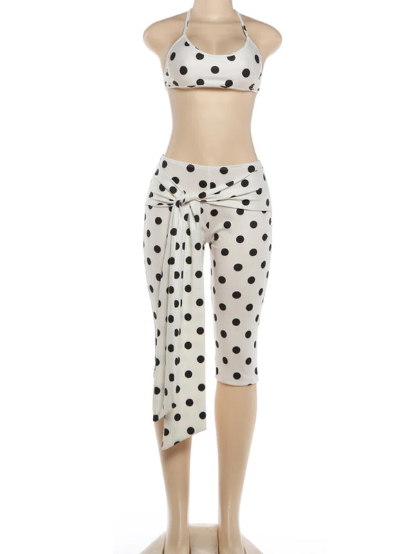 Kliou Polka Dot Print 2Piece Set Woman Halter Backless Crop Tops+Kink Bandage Design Skinny Peach Hip Shorts Street Fashion Suit