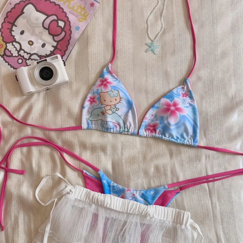 Kawaii Japanese Hello Kittys Hot Girl Split Strap Summer Women's Bikini Seaside Fashion Resort Swimsuit Leopard Print Cartoon