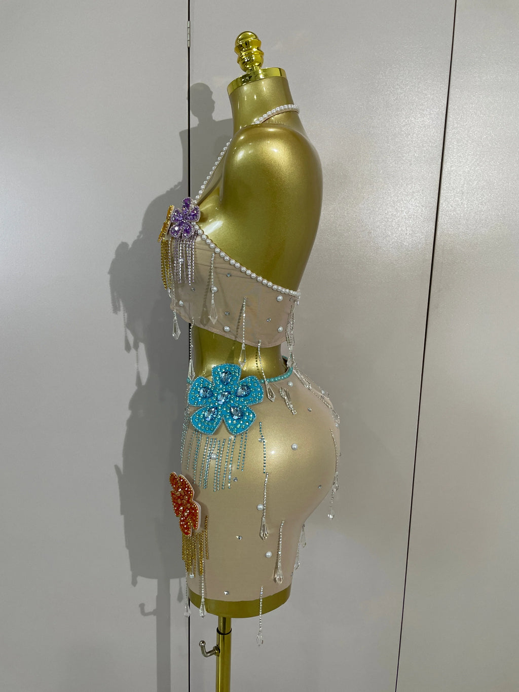 Esmeralda Crystal Fringe Flower Bra Top & Mini Skirt Two-piece