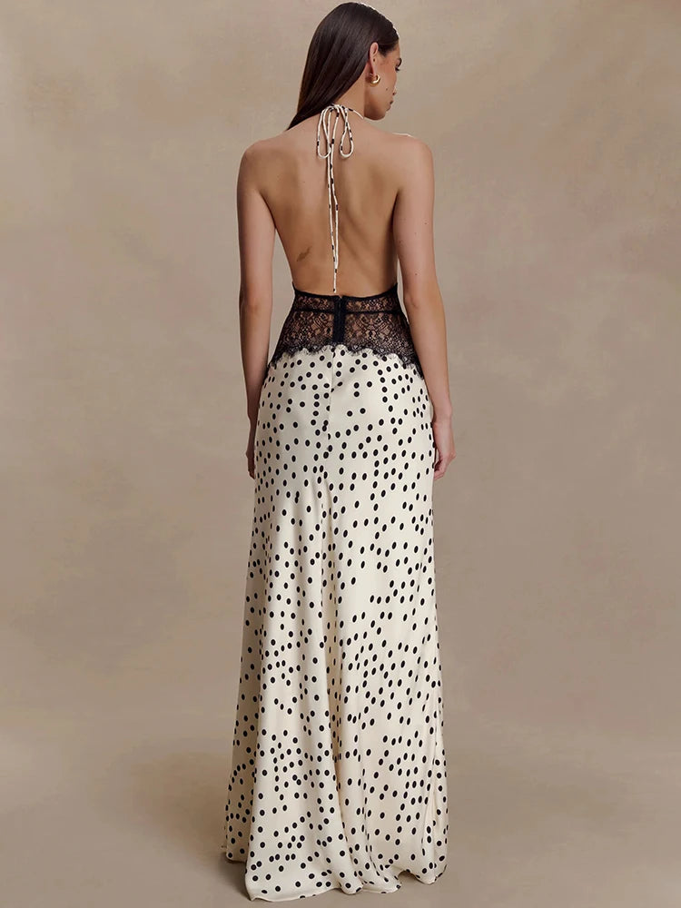 Cecelia Noir Lace Polka Halter Maxi Dress