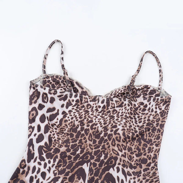 Vionette Leopard Lace-Trim Cutout Maxi Dress