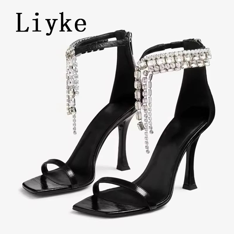 Liyke 2026 New Fashion Crystal Tassels Woman Sandals Sexy Ankle Zip Cover Strap Rhinestone High Heels Wedding Party Shoes Women